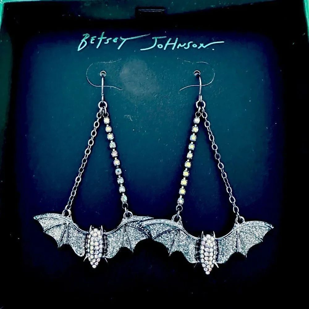 Betsey Johnson Halloween Flying Bat Crystal Earrings